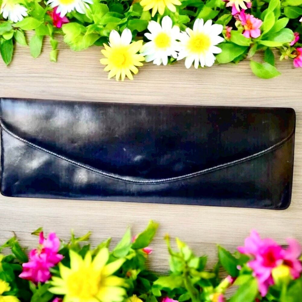 Vtg 1950s Bobbie Jerome Black Leather Envelope Clutch Satin Lining Cocktail Bag